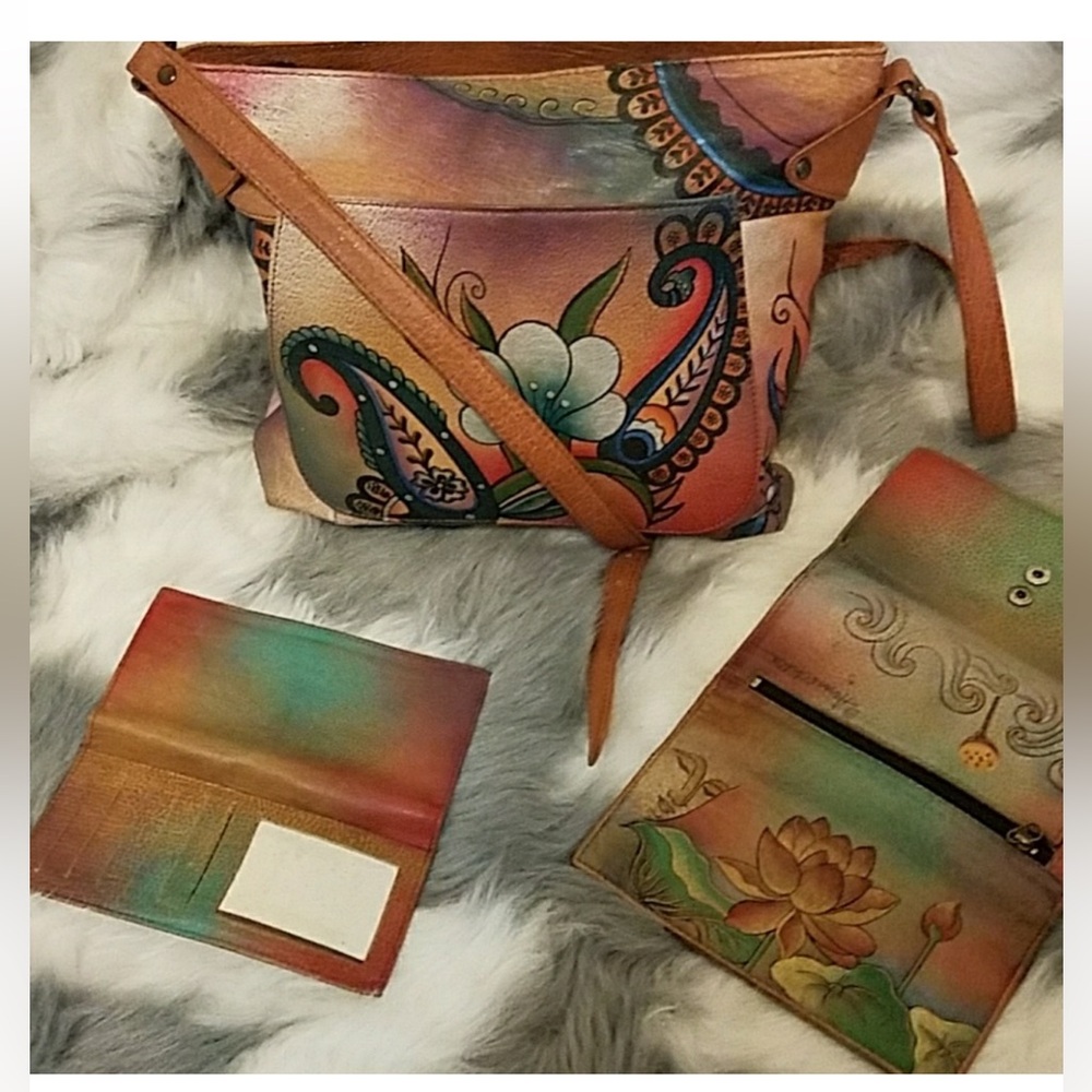 Authentic Anuschka Hand-Painted Floral Leather Shoulder Bag & matching wallet